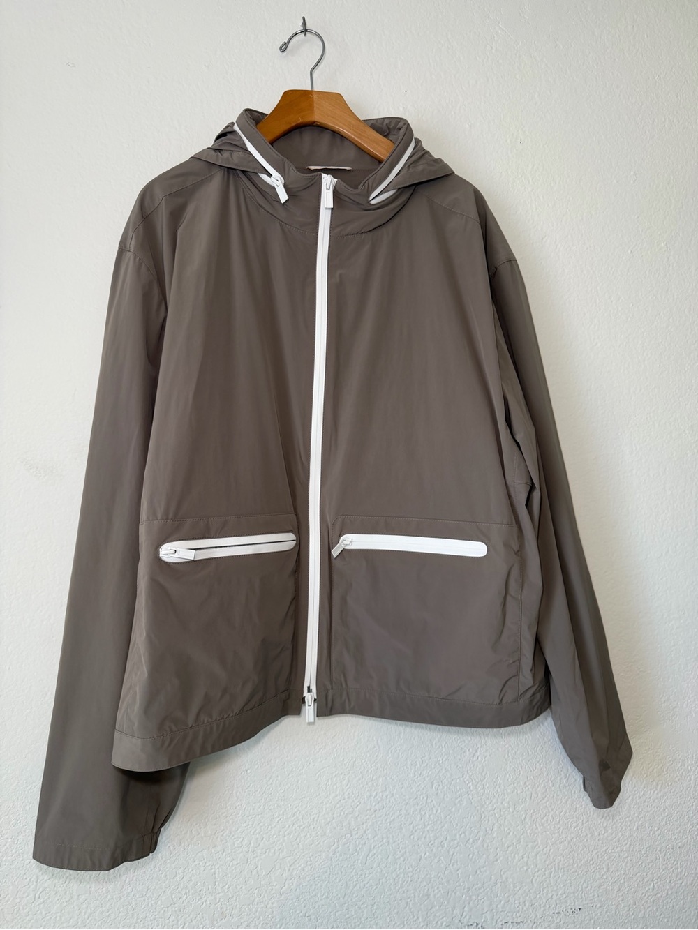 Hermes Taupe Hooded Windbreaker with White Zippers